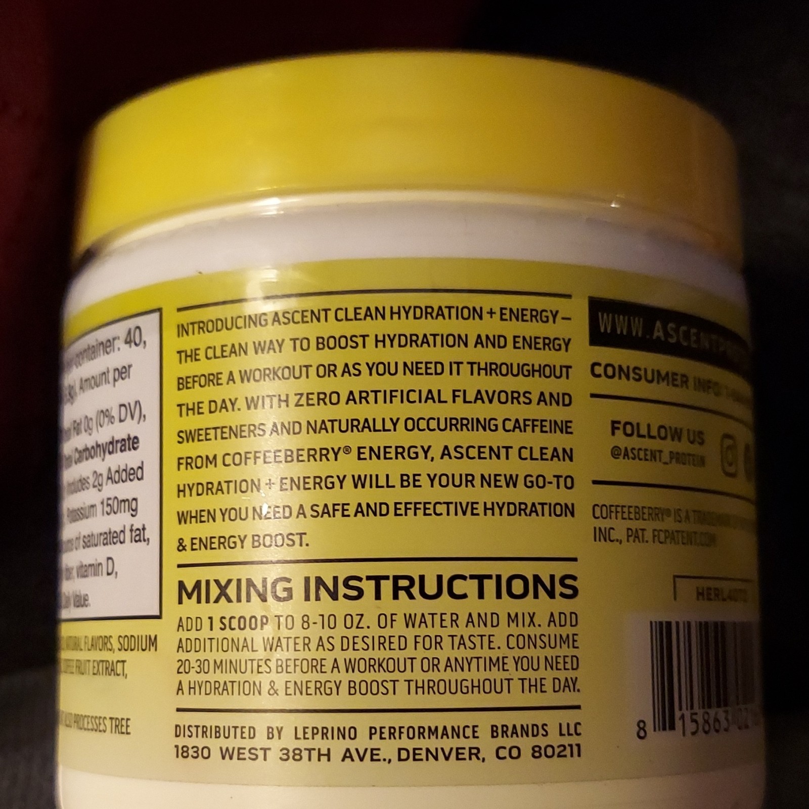 Ascent Hydration + Energy Powder Raspberry Lemonade 40 Servings 8.32oz Vegan