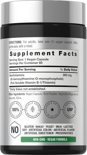 Horbaach Benfotiamine 300mg | 60 Capsules | Vitamin B1 Thiamine | Non-GMO & Glut