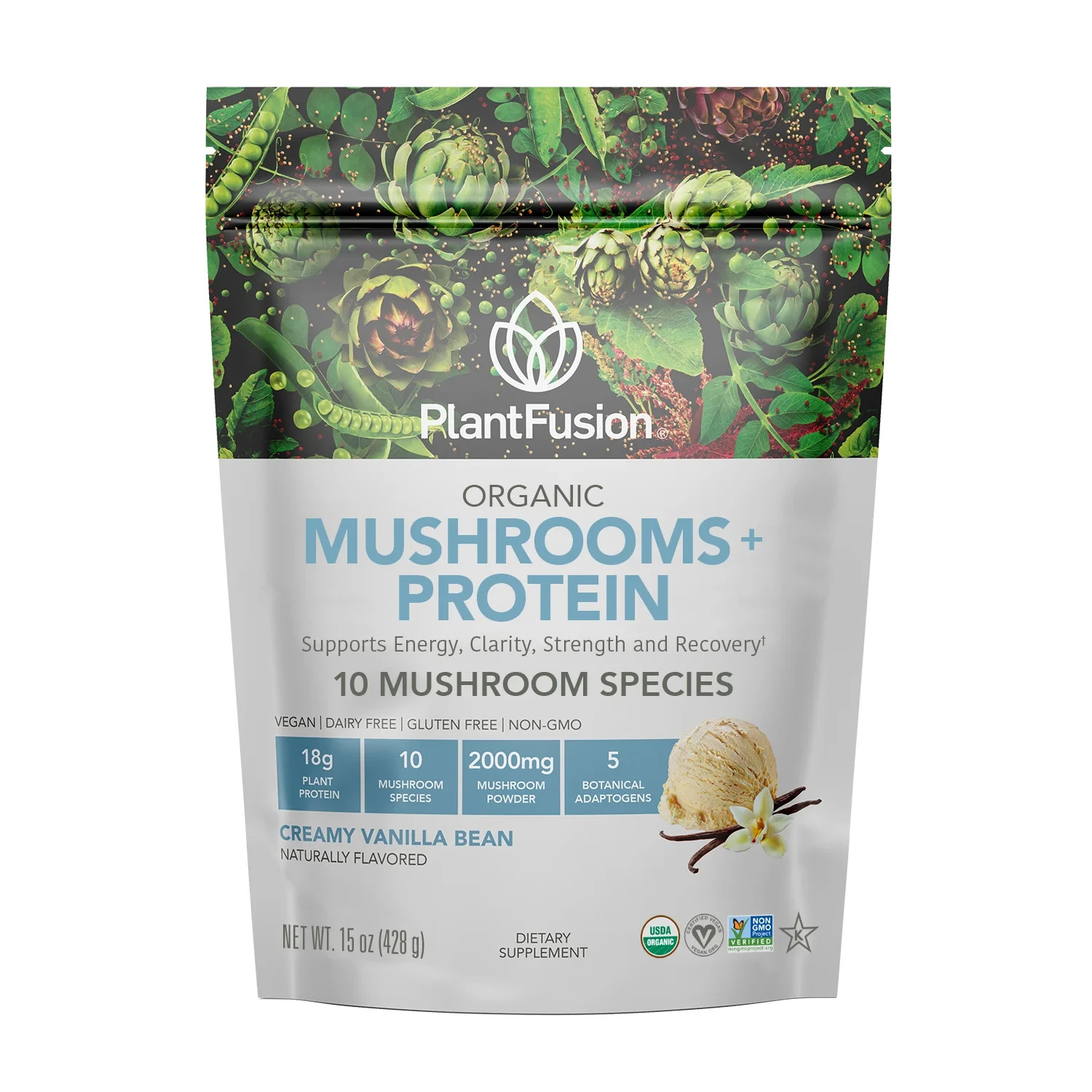 PlantFusion Organic Mushrooms + Protein Creamy Vanilla Bean 15 oz