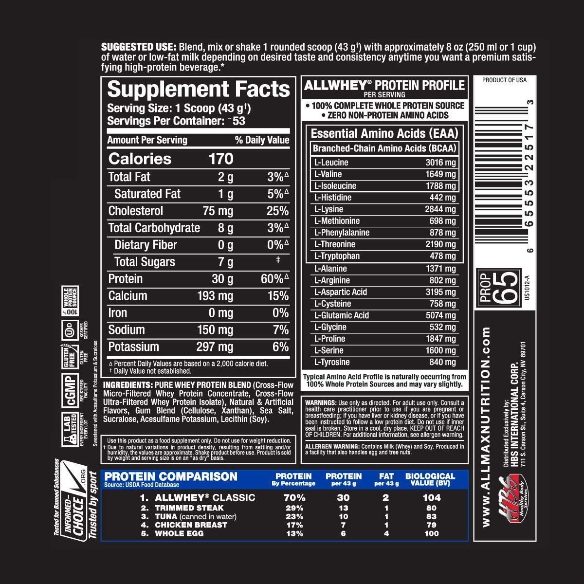 ALLMAX Classic ALLWHEY Protein Supplement Powder 5 Pound Gluten Free Kosher