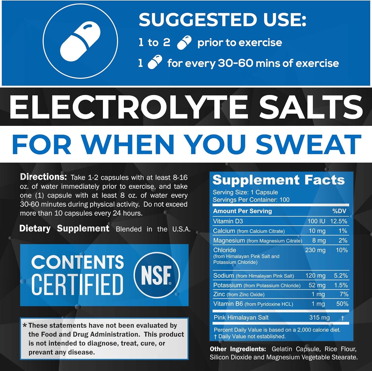 Electrolyte Salt Tablets – 100 Pills – Electrolytes Replacement Supplement for R