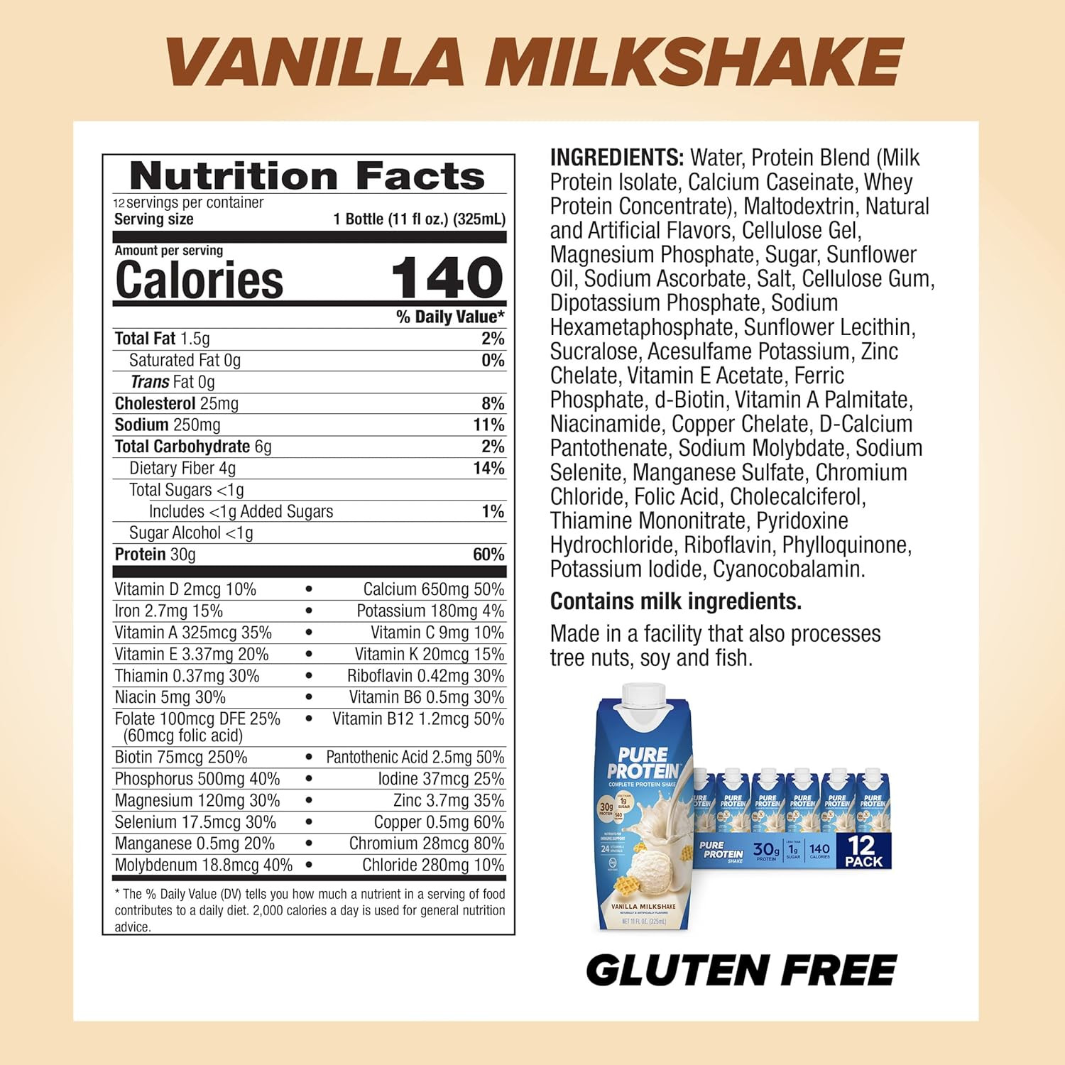 Pure Protein Vanilla Protein Shake, 30G Complete Protein, Vitamins A, C, D, and