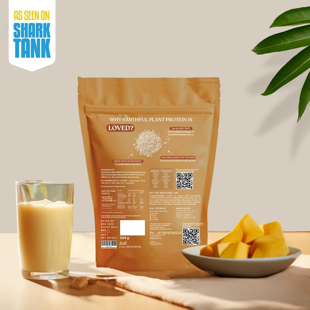 Earthful Plant Protein Mango Vegan Pea Brown Rice Protein 504g