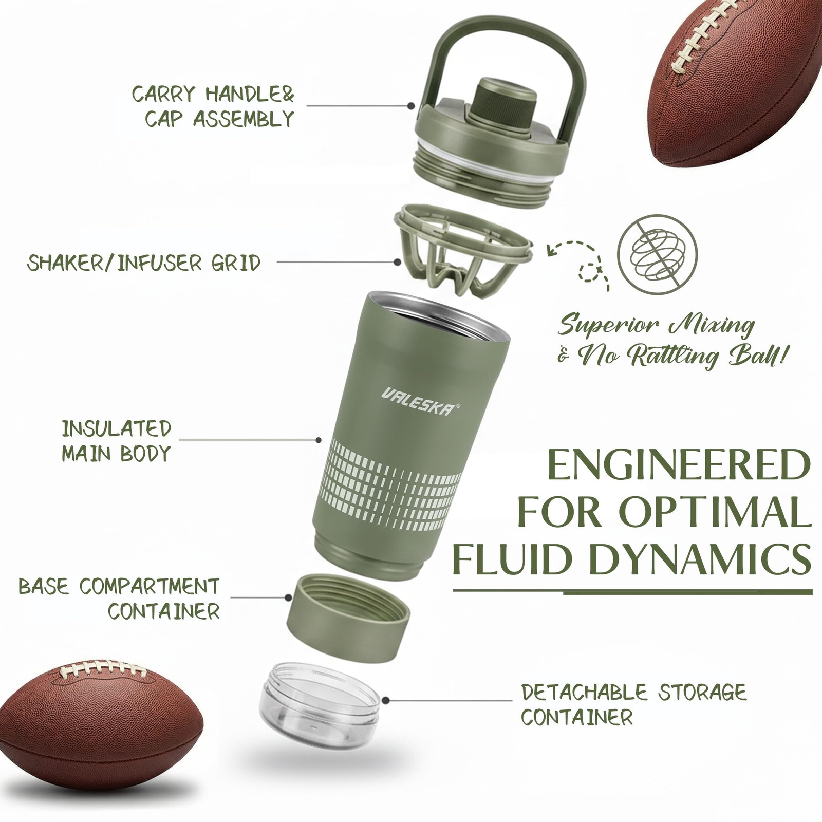 Valeska Shaker Bottle For Protein Mixes Insulated Stainless Steel Protein