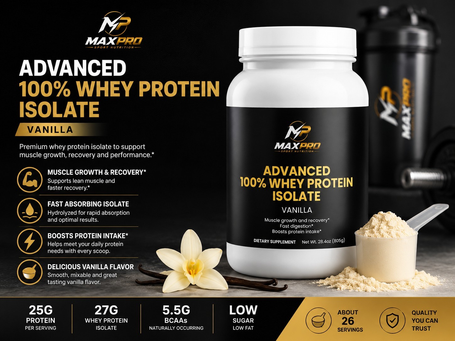 Whey Protein Isolate Vanilla Powder 28.4oz High Protein Muscle Recovery