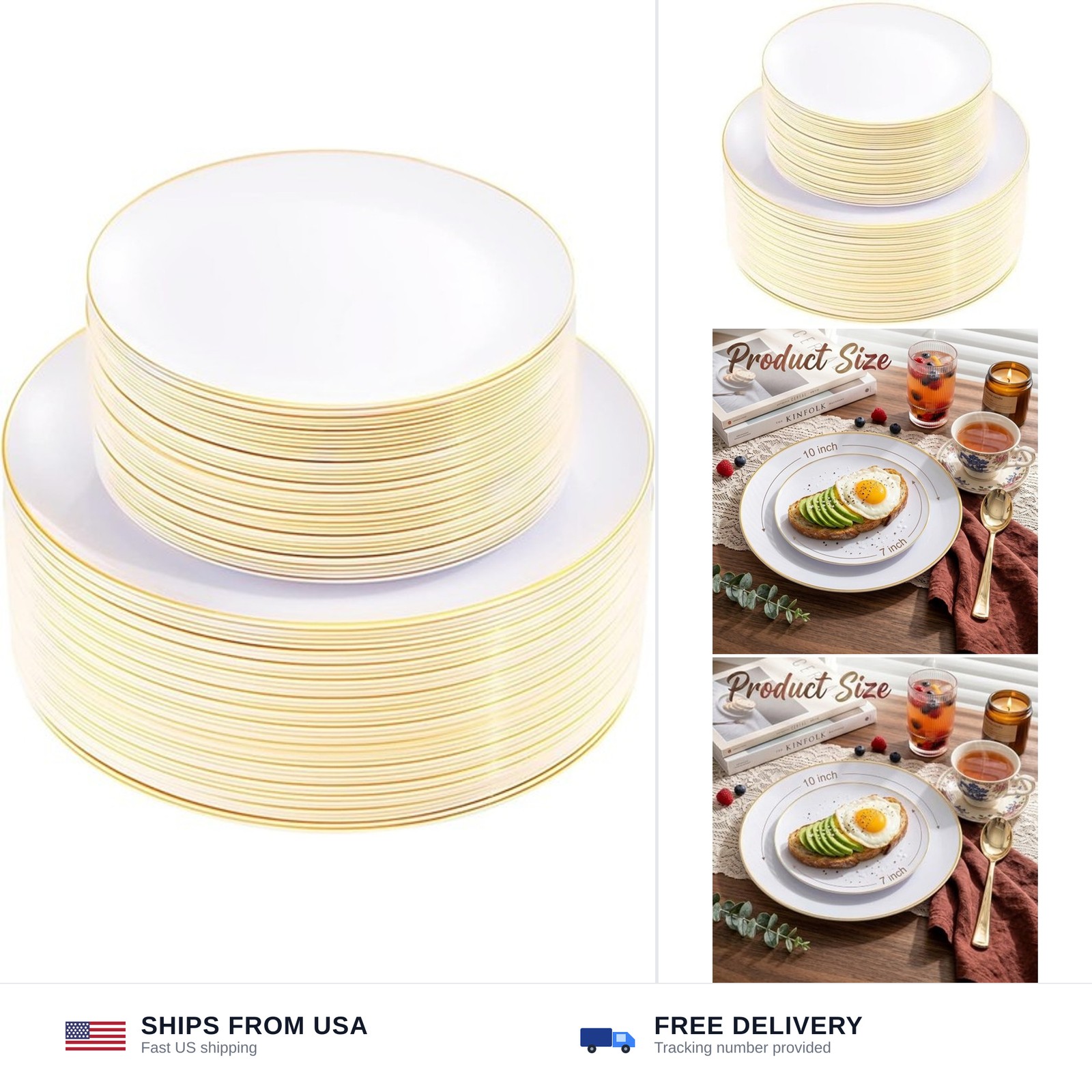 KIRE 100PCS White and Gold Plates – Plastic Disposable Plates – Includes 50Pi…