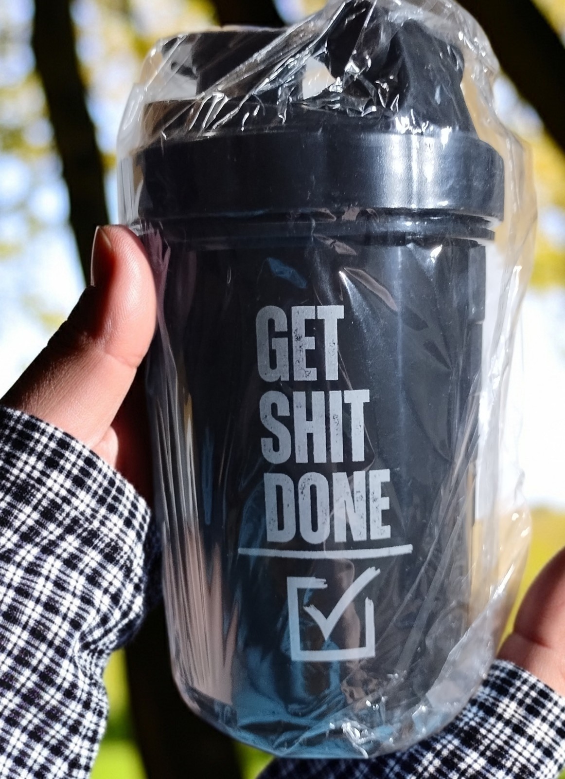 Black Protein Shaker Bottle with Storage Flip Lid 28 oz “Get Stuff Done” New