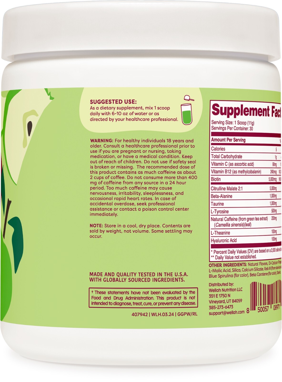 Wellah Get-Going Pre-Workout Drink Mix (Green Apple) – 200mg Natural Caffeine