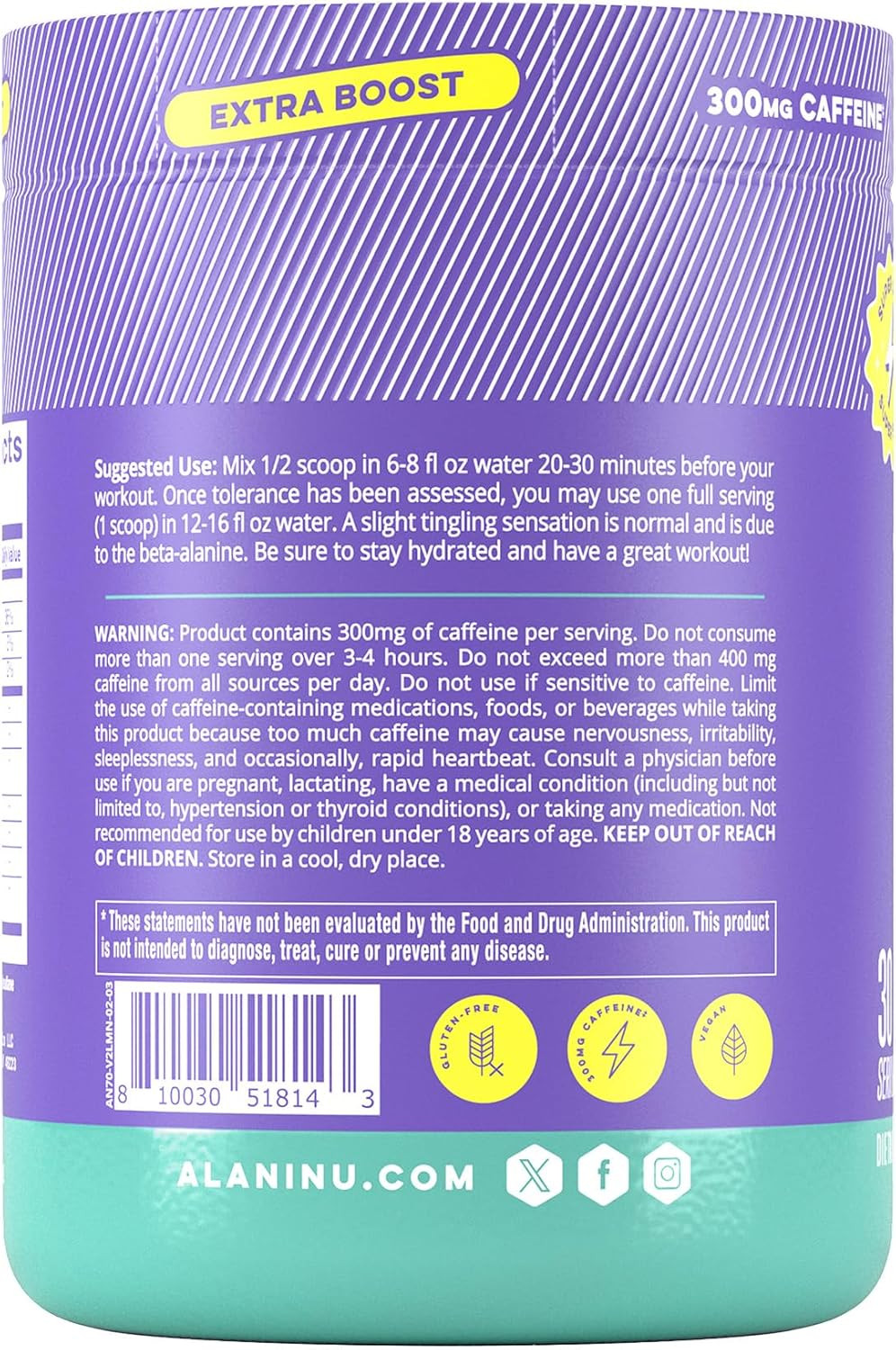 Pre Workout+ Powder Frozen Lemonade, Extra Boost, Sugar Free, 300Mg Caffeine, L-