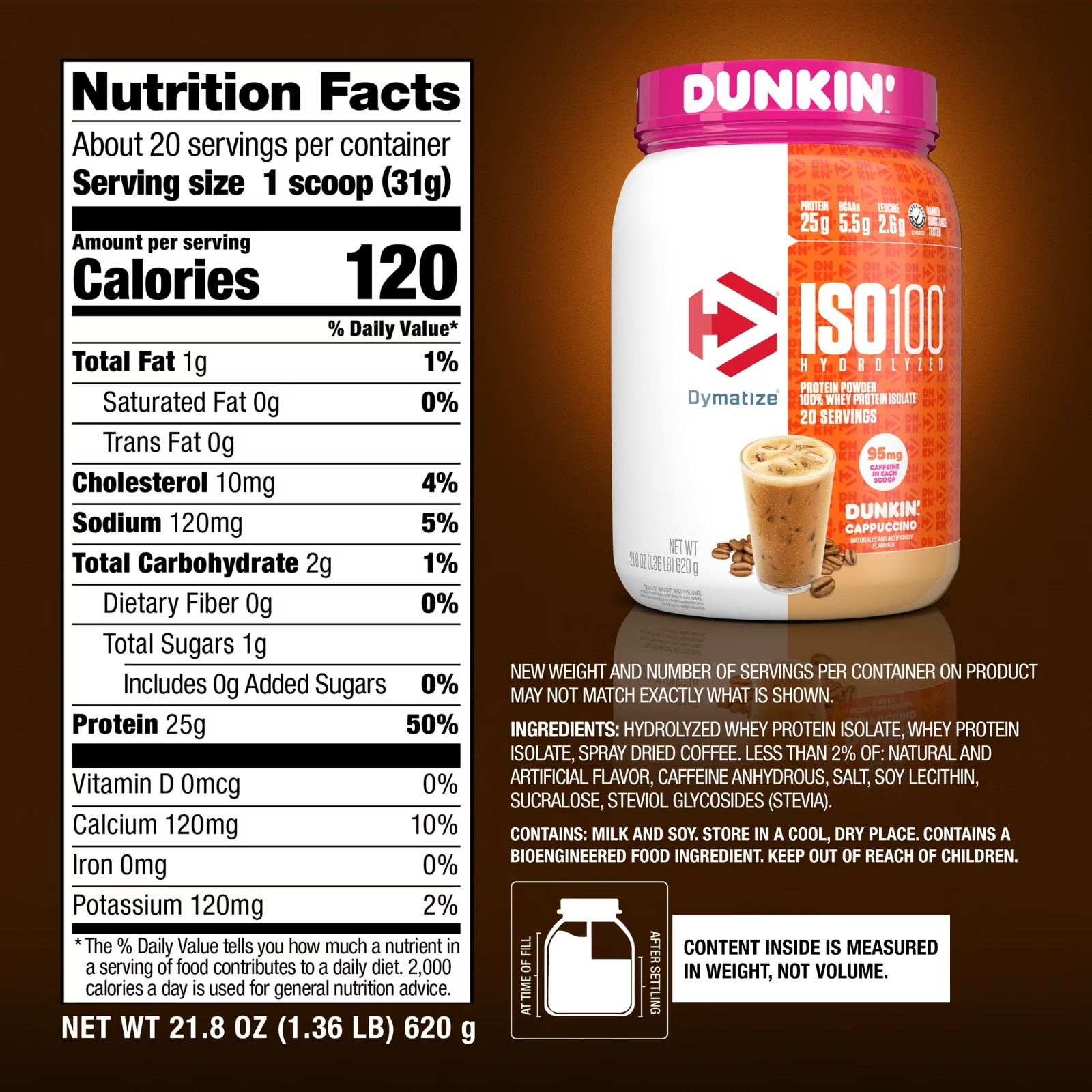 NEW Dymatize ISO100 Hydrolyzed Whey Isolate Protein Powder, Dunkin’ Cappuccino