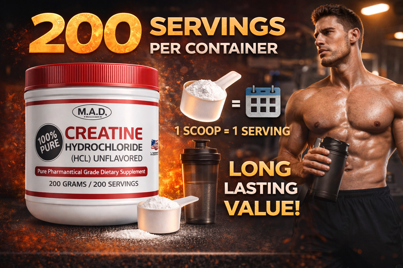 Creatine HCL 200g Micronized Powder No Bloating Strength Supplement