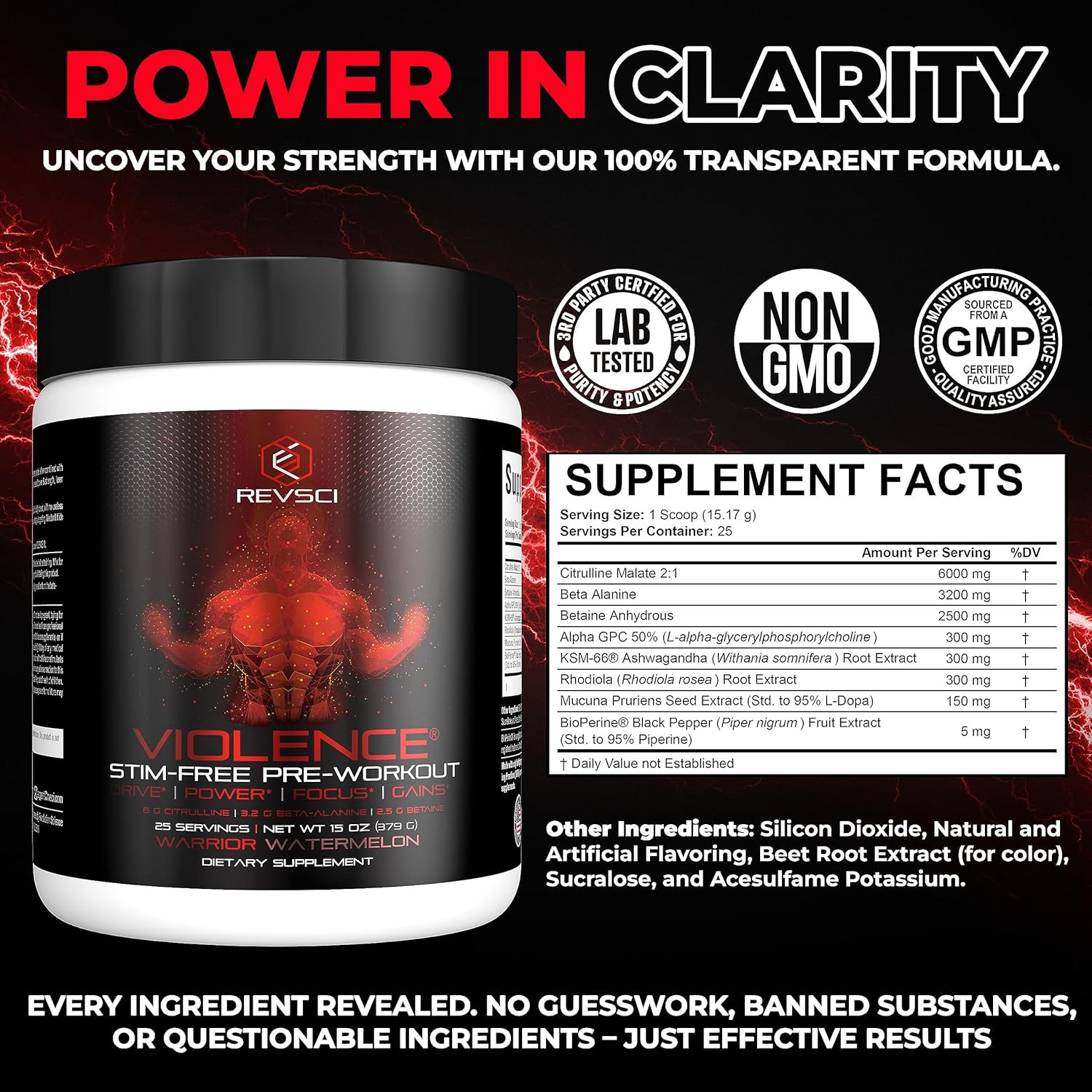 VIOLENCE Stim Free Pre Workout Powder by REVSCI, Precision Dosed Non Stim Prewor