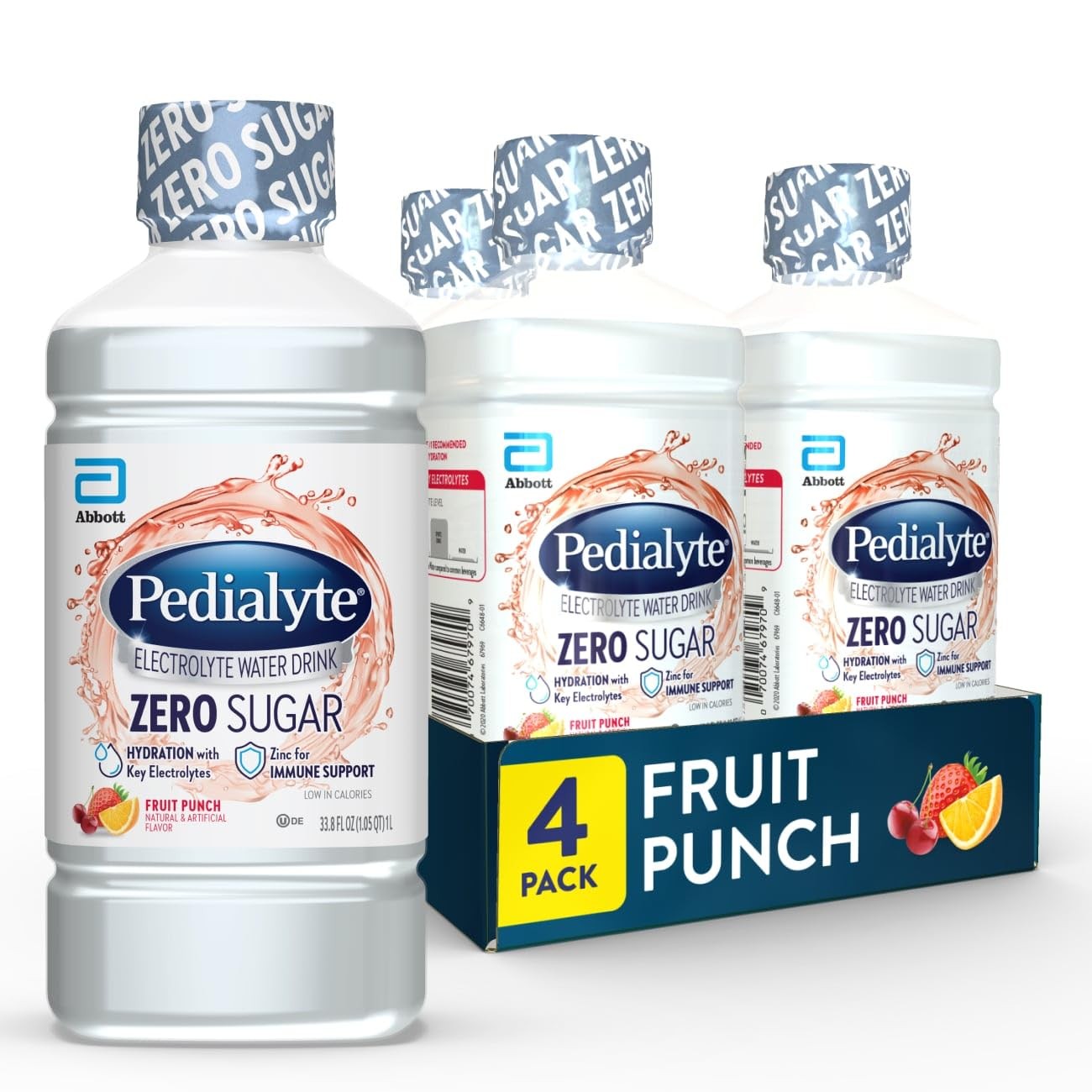 Pedialyte Electrolyte Water with Zero 33.8 Fl Oz (Pack of 4), Fruit Punch