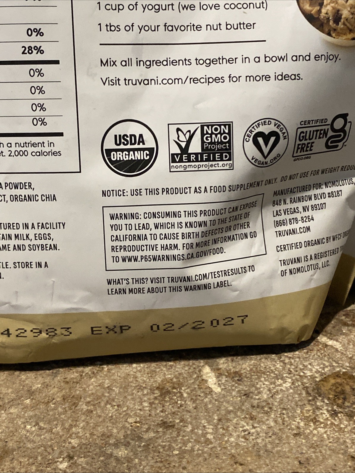 Truvani Certified Organic Plant Based Protein Vanilla 1.3lbs Exp 2/2027 2/2028