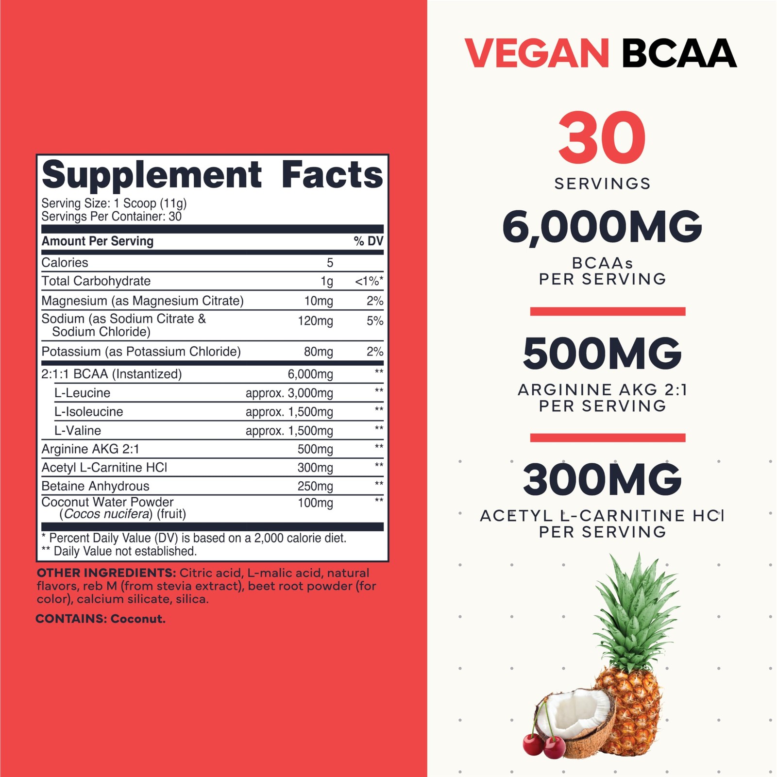 Ultra Clean Vegan BCAA Powder + Electrolytes (Tropical Fruit Punch | 6G) 2:1:…