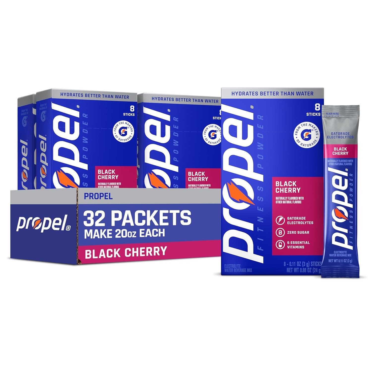 Propel Water Powder Black Cherry Drink Mix 32 Packets Electrolyte Hydration