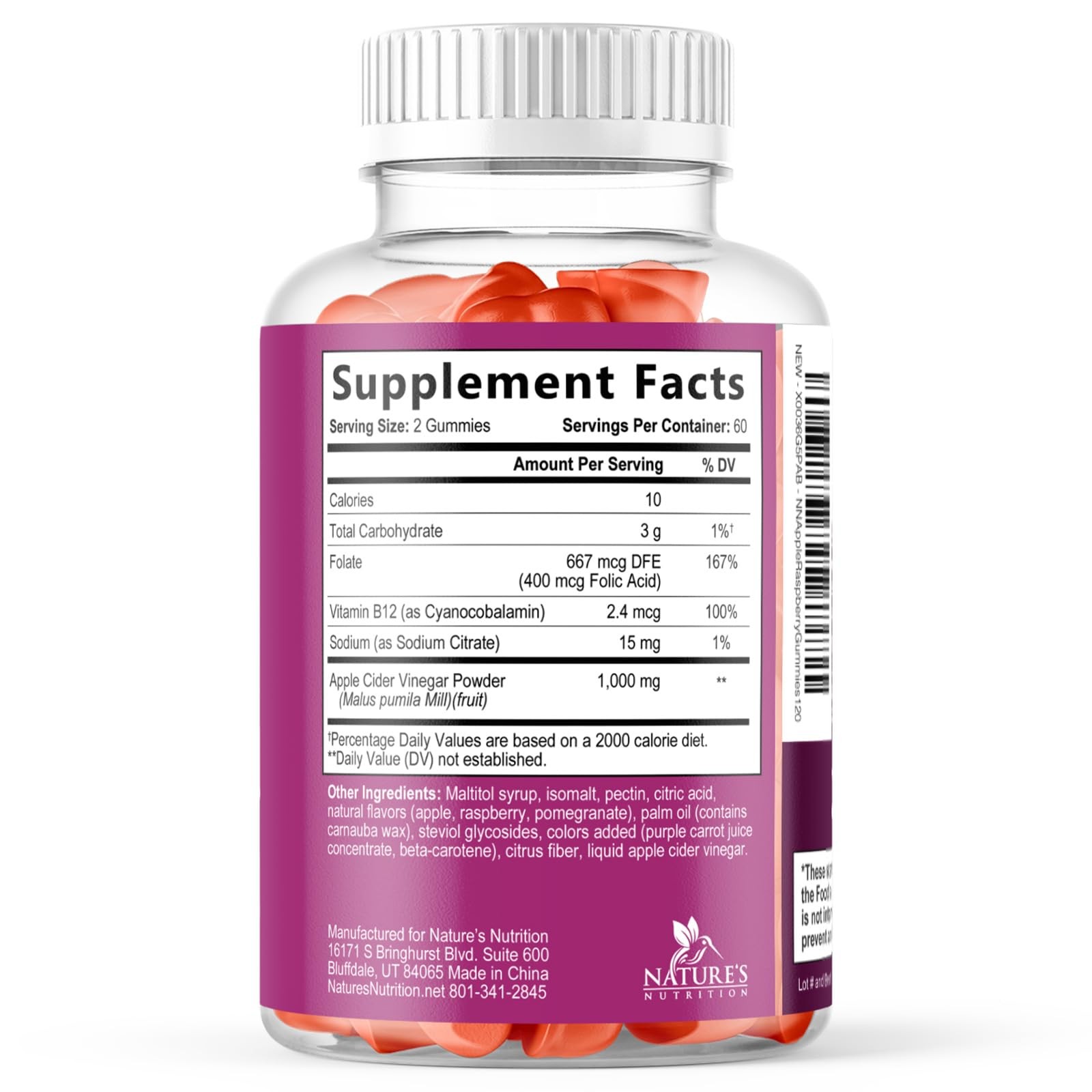 Apple Cider Vinegar Gummies 1000mg per Serving – Sugar 120 Count (Pack of 1)