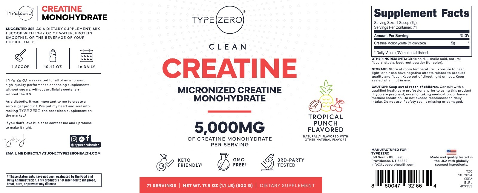 TypeZero Creatine Monohydrate Powder 500 Grams, Tropical Punch Flavored