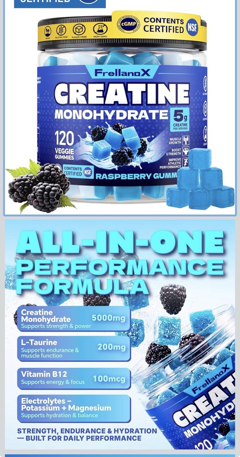 FrellanoX Creatine Monohydrate Gummies 5g Raspberry Vegan Sugar-Free 120ct