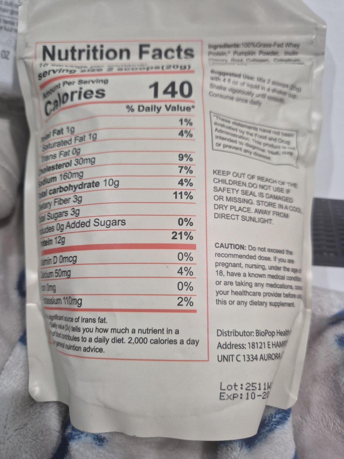 Farmer Protein Bovine Colostrum Powder Pumpkin Pie Flavor 12.7oz Bag EXP 10/2027