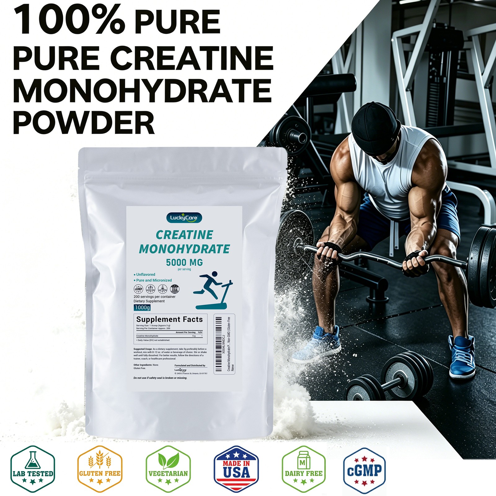 2.2LBS 100% Pure Micronized Creatine Monohydrate Powder, 200 Servings 5g Each