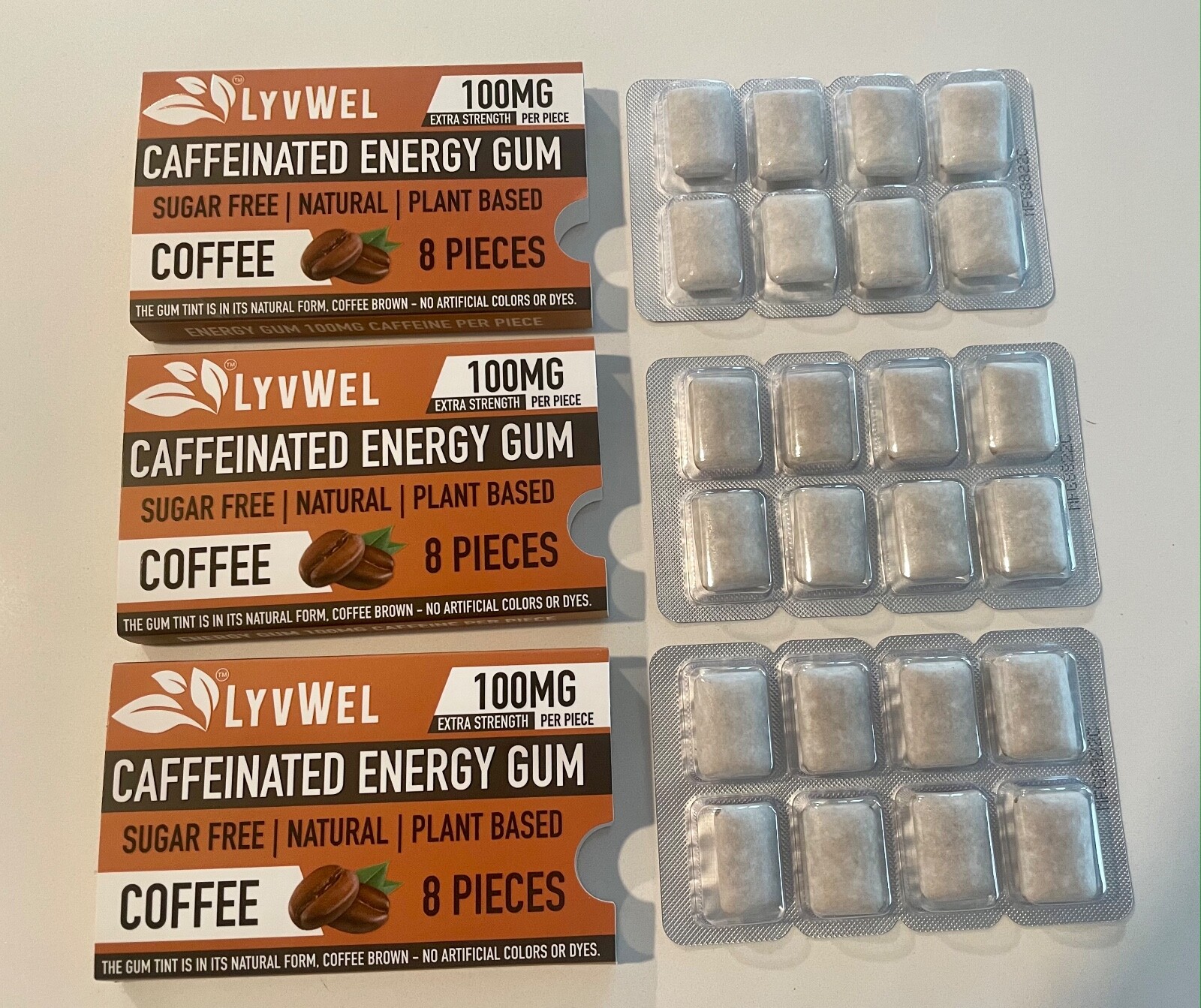 All Natural Energy Focus Coffee fitness Gum 3 Packs pre-workout 100mg Caffeine