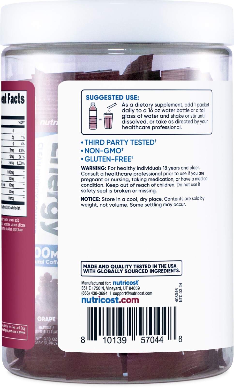 Nutricost Energy Complex Stickpack (20 servings) Grape Flavored – Gluten-Free