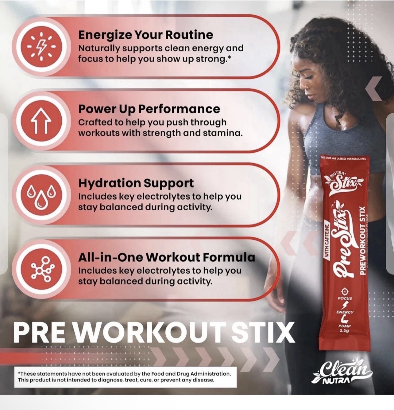 Clean Nutra PreStix Pre Workout 100mg Caffeine Creatine Berry Lemonade 20 Ct