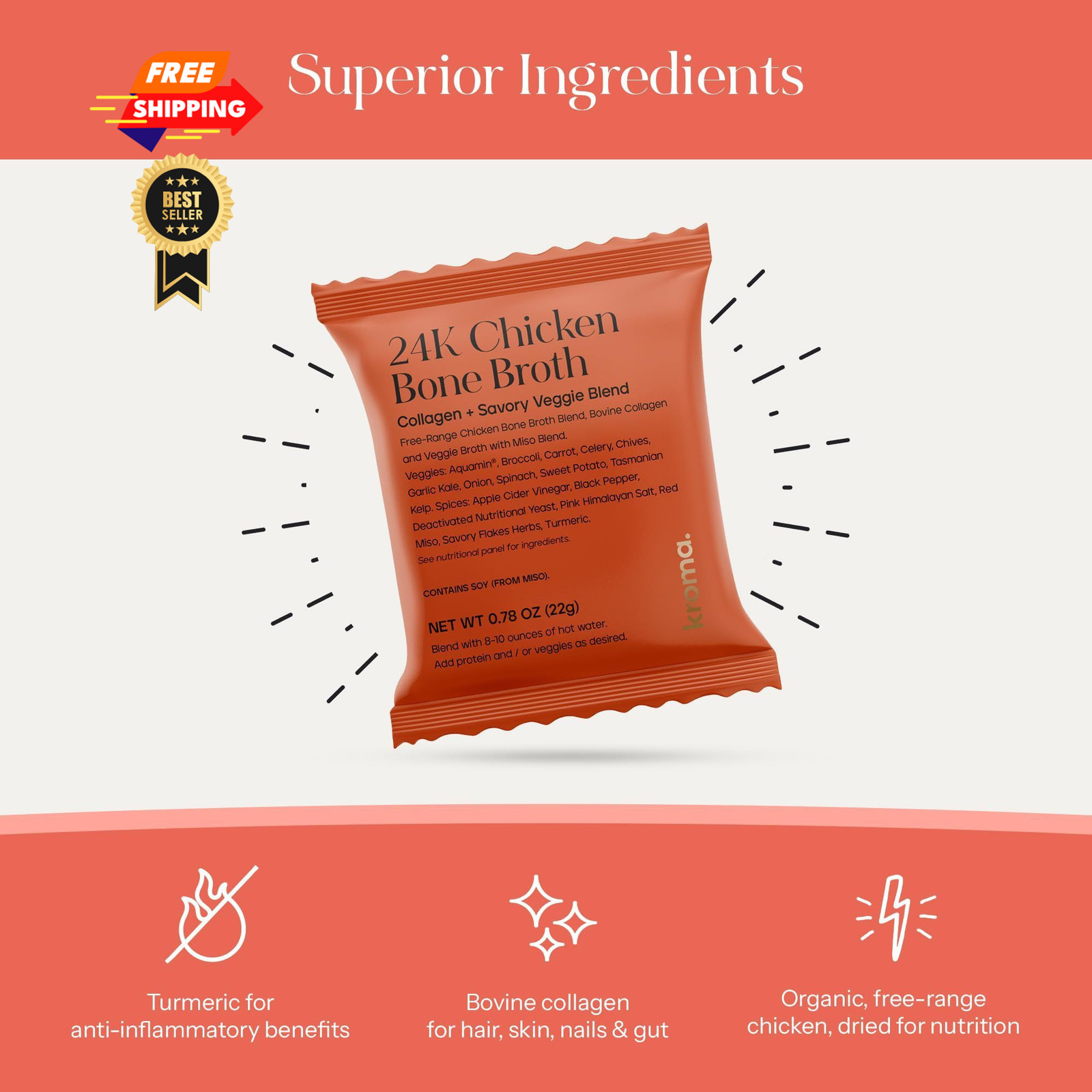 Kroma’s 24K Chicken Bone Broth Powder – 7 Pack, 7 Travel Packets (pack of 7)