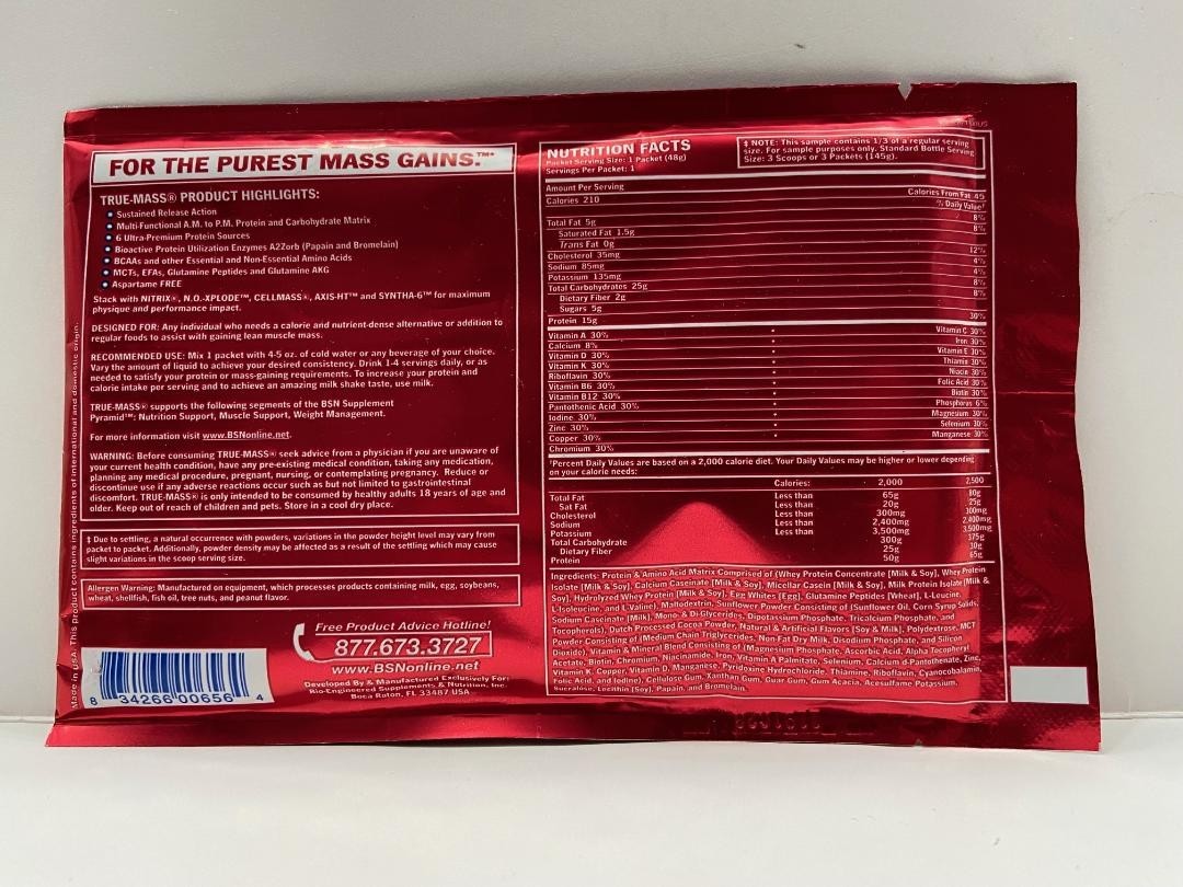 BSN True-Mass, Ultra Premium Protein/Carb Matrix,Chocolate Milkshake ,16 Packets