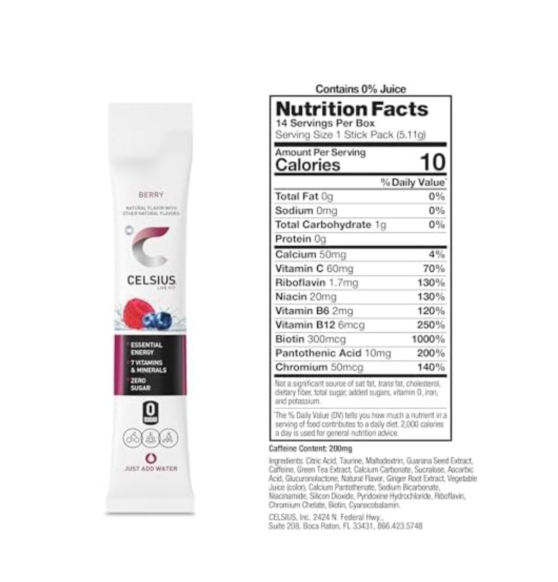 Celsius Essential Energy Powder Drink Mix Sticks Berry 14ct Vegan 200mg