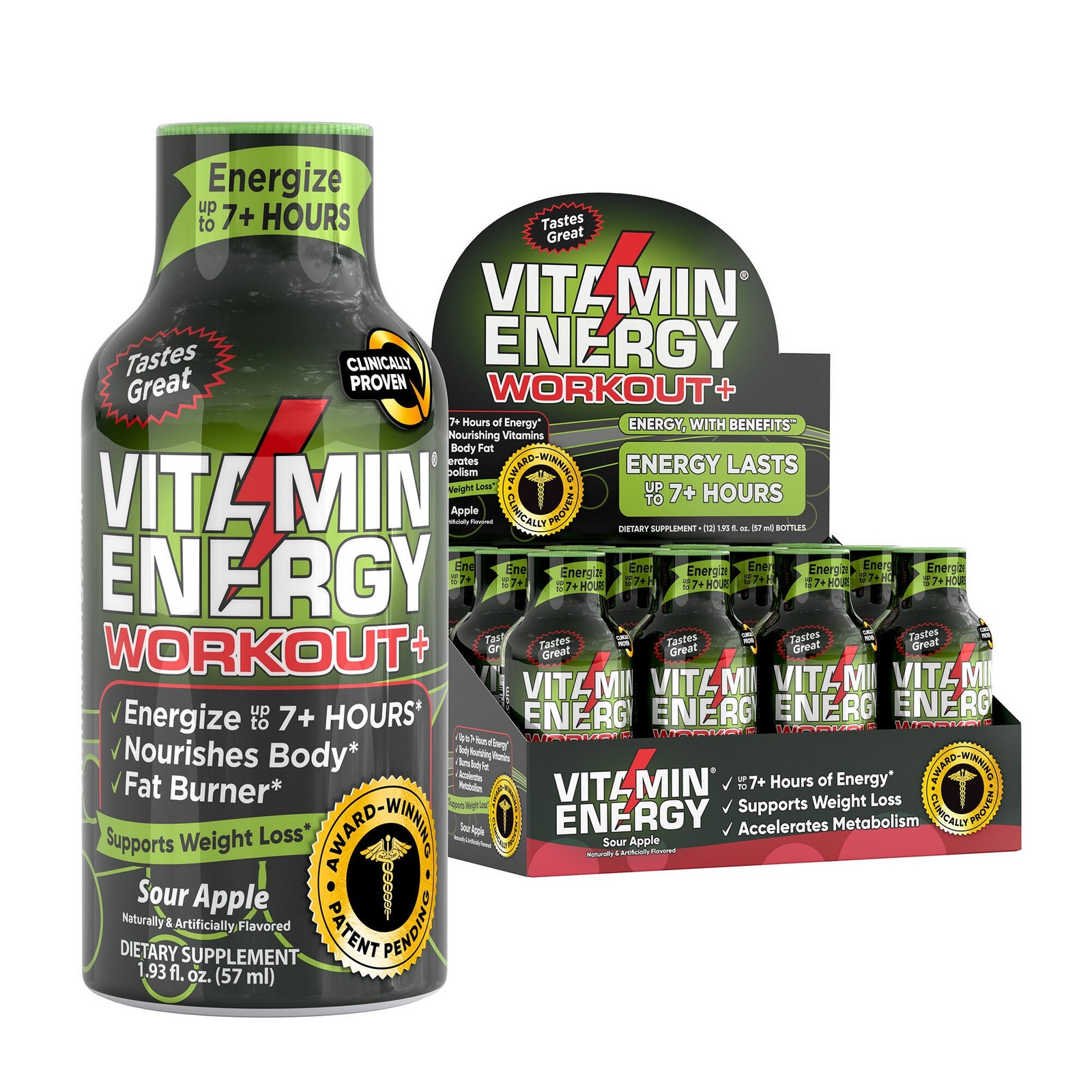 Workout+ Liquid Supplement – Sour Apple – 1.93oz. (12 Bottles)