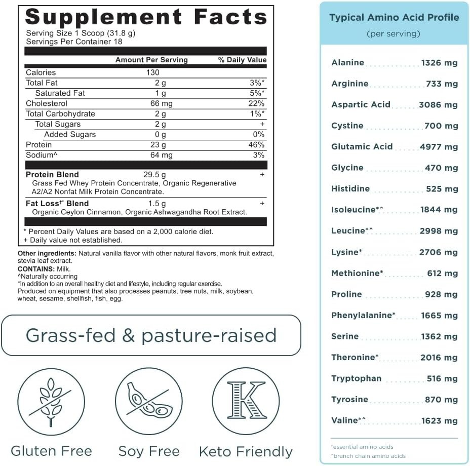 Ancient Nutrition Grass Fed Whey Protein Powder Vanilla Cinnamon 23g Fat Loss