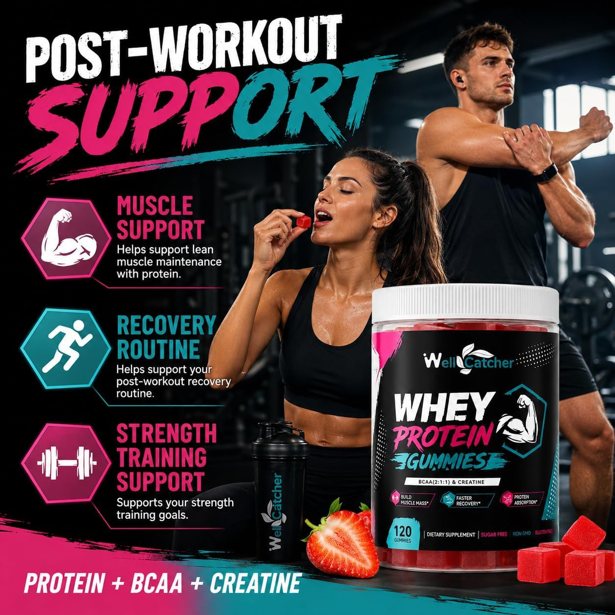 Whey Protein Gummies with BCAA & Creatine, Sugar Free Pectin Protein Gummies for