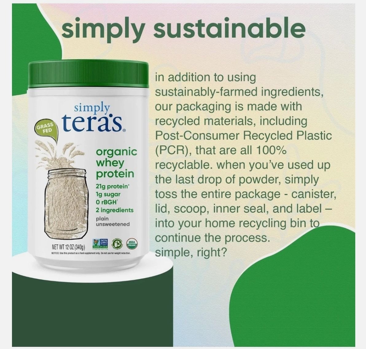 Simply Tera’s Organic Whey Protein Powder Plain Unsweetened 12oz/12 Servings
