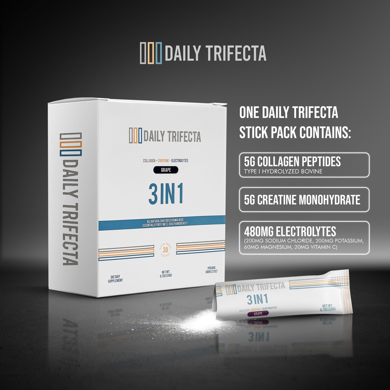 DAILY TRIFECTA 3in1 Collagen, Creatine & Electrolyte Stick Packs | Type I Col…