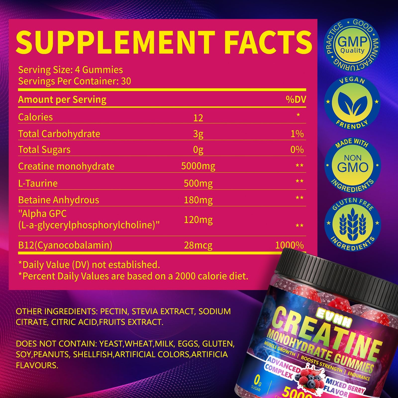 Creatine Monohydrate Gummies 5000mg, Mixed Berry, 120 Count