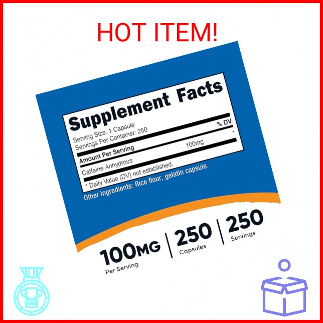 Nutricost Caffeine Pills 100mg Per Serving, 250 Capsules