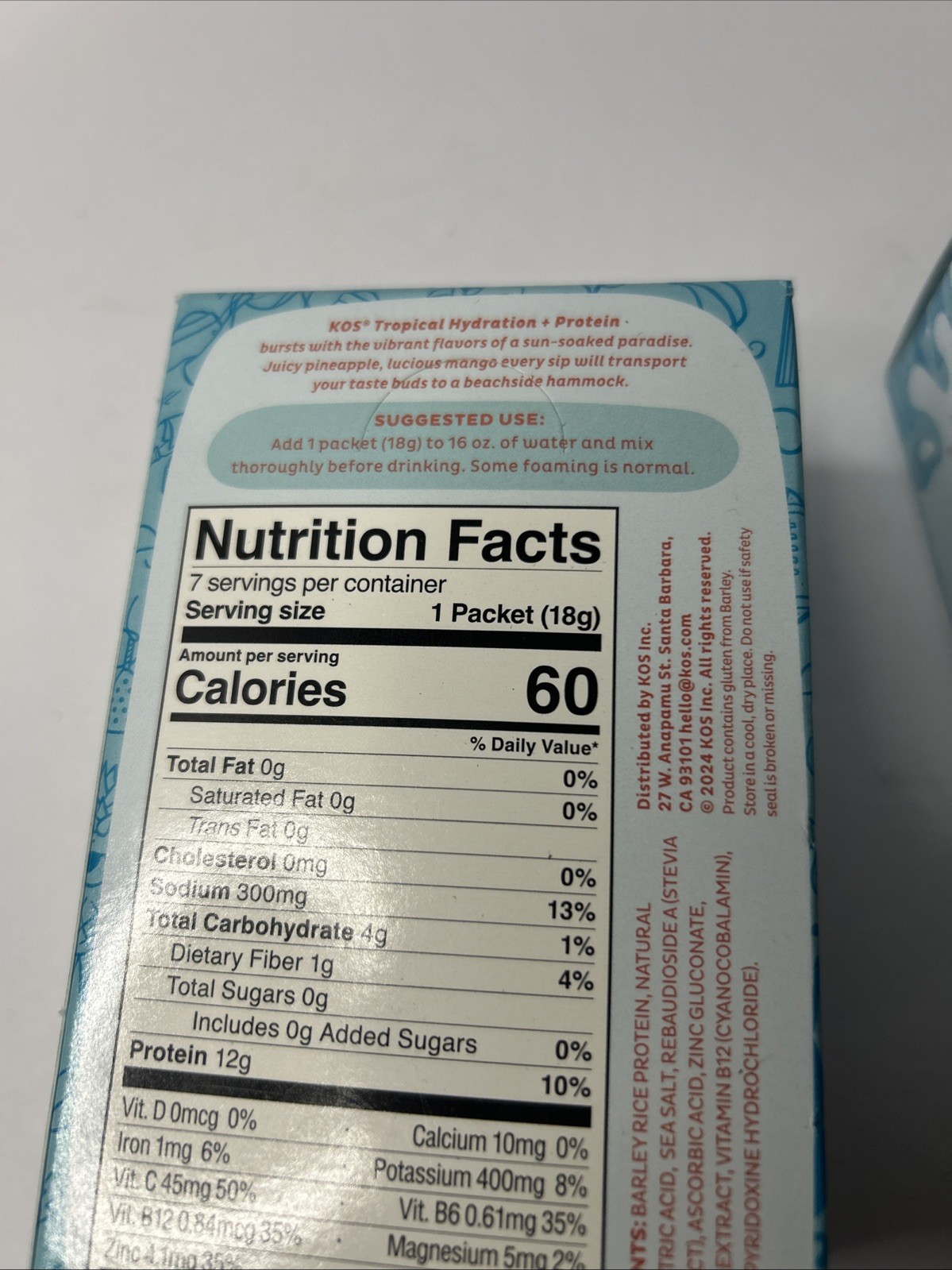 Kos Hydration + Protein – Tropical Flavor- 7 Packets Exp 3/27 2 Packs