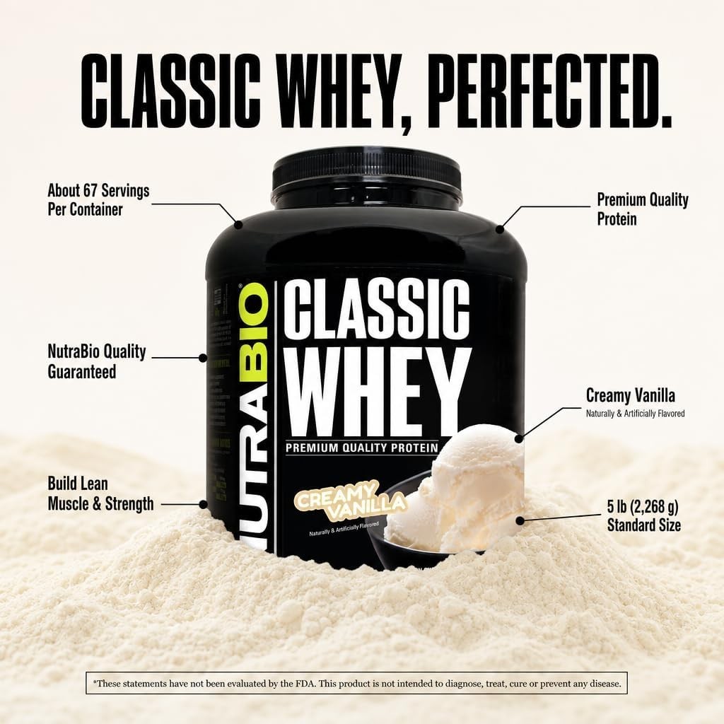 NutraBio Classic Whey Protein Powder Creamy Vanilla 5lb