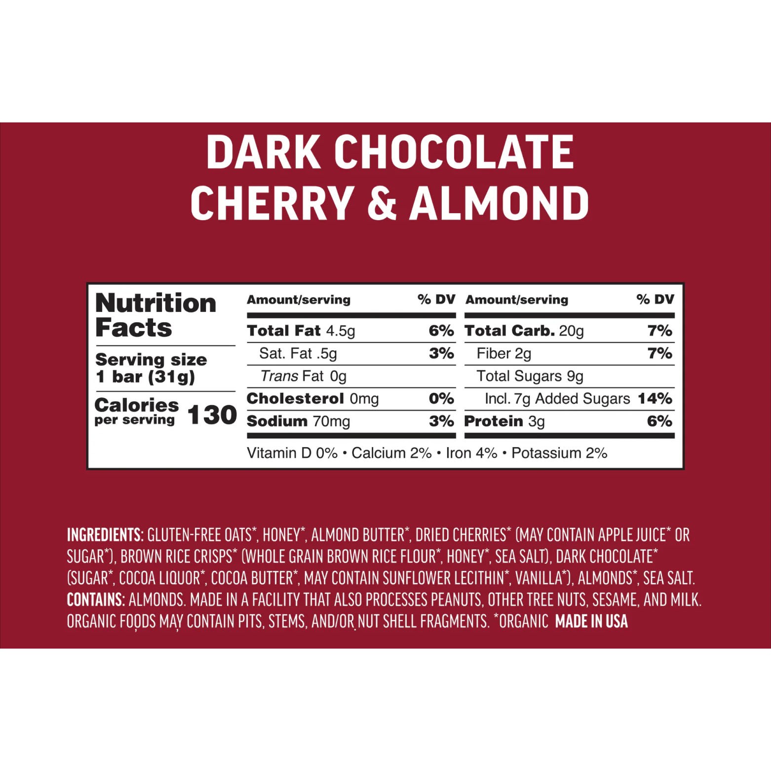 Kate’s Real Food Mini Bar 1.1oz – Gluten-Free, Non-GMO Dark Chocolate Cherry