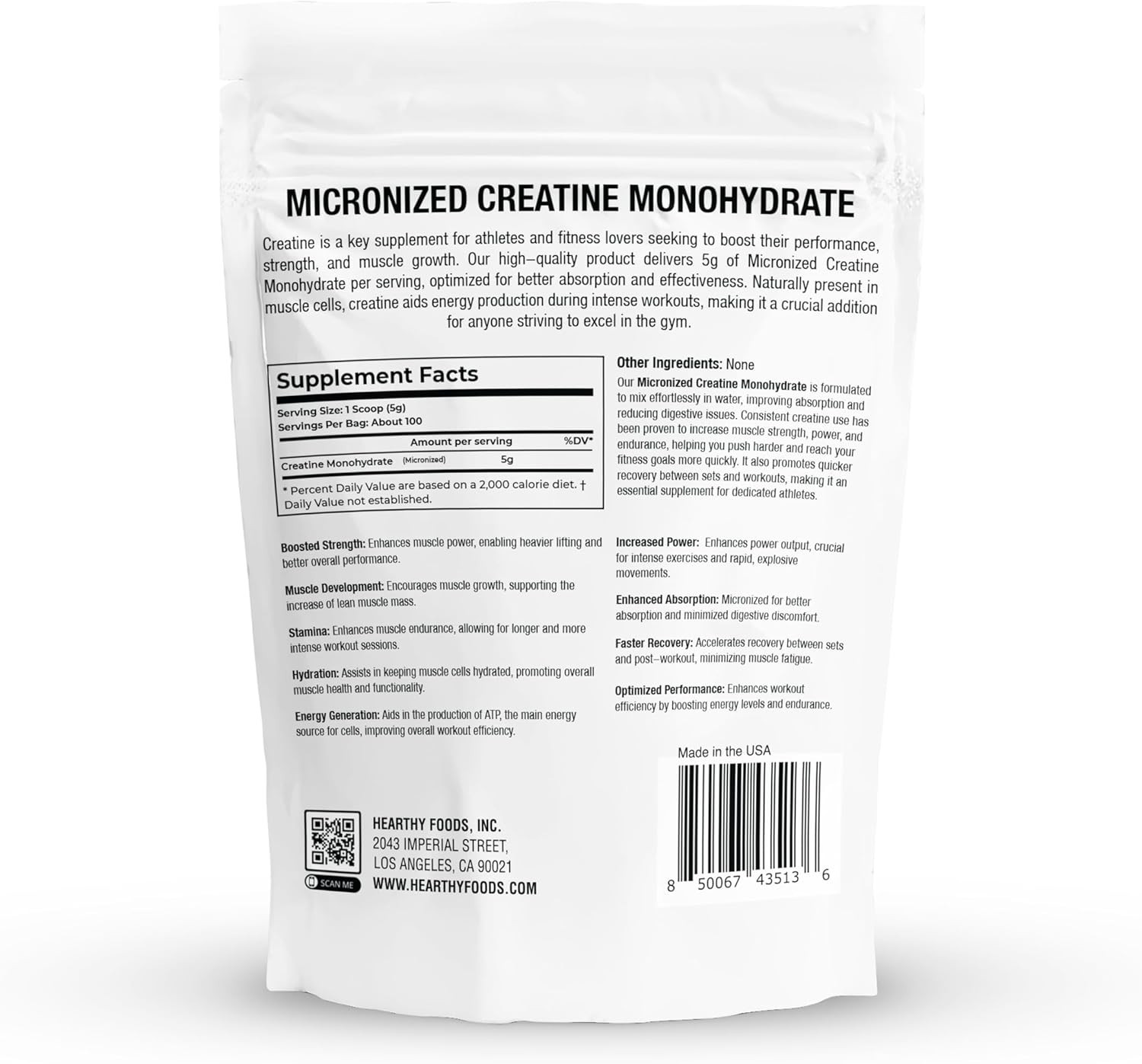 HEARTHY FOODS Creatine Monohydrate Micronized Powder 500G – 100 Servings, 5000m