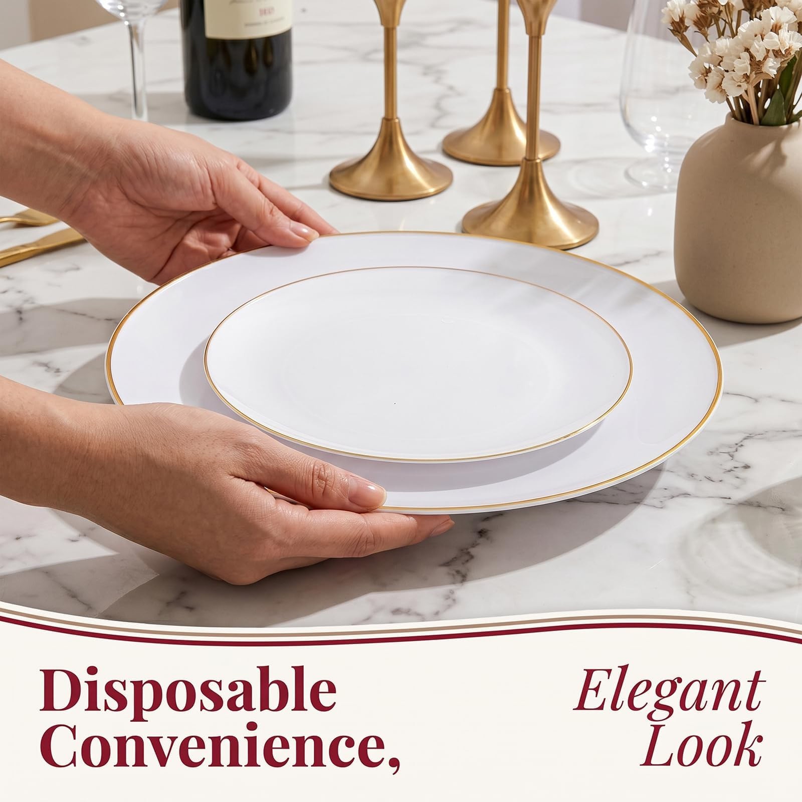 KIRE 100PCS White and Gold Plates – Plastic Disposable Plates – Includes 50Pi…