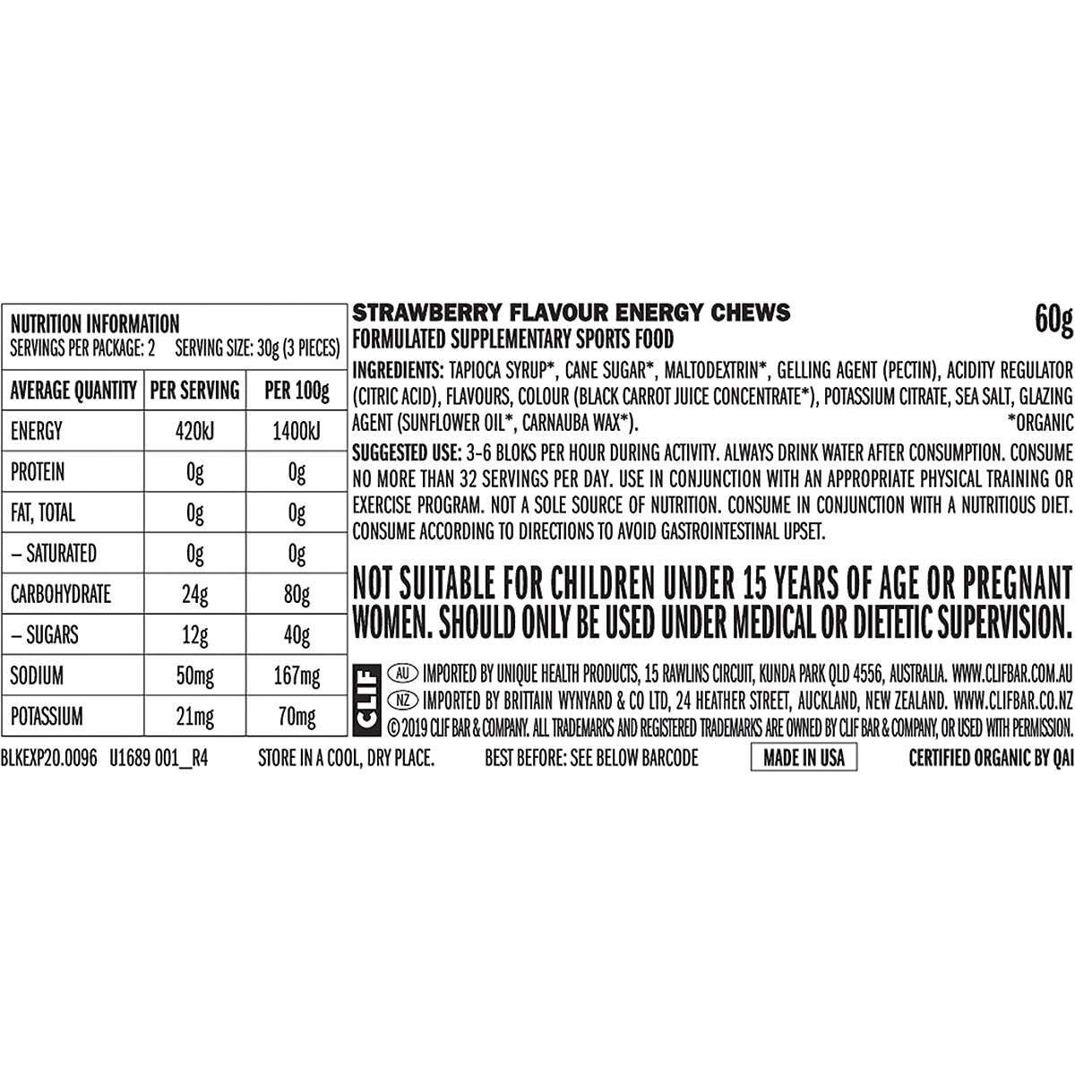 CLIF Bloks Energy Chews Strawberry 60g (Pack of 18)