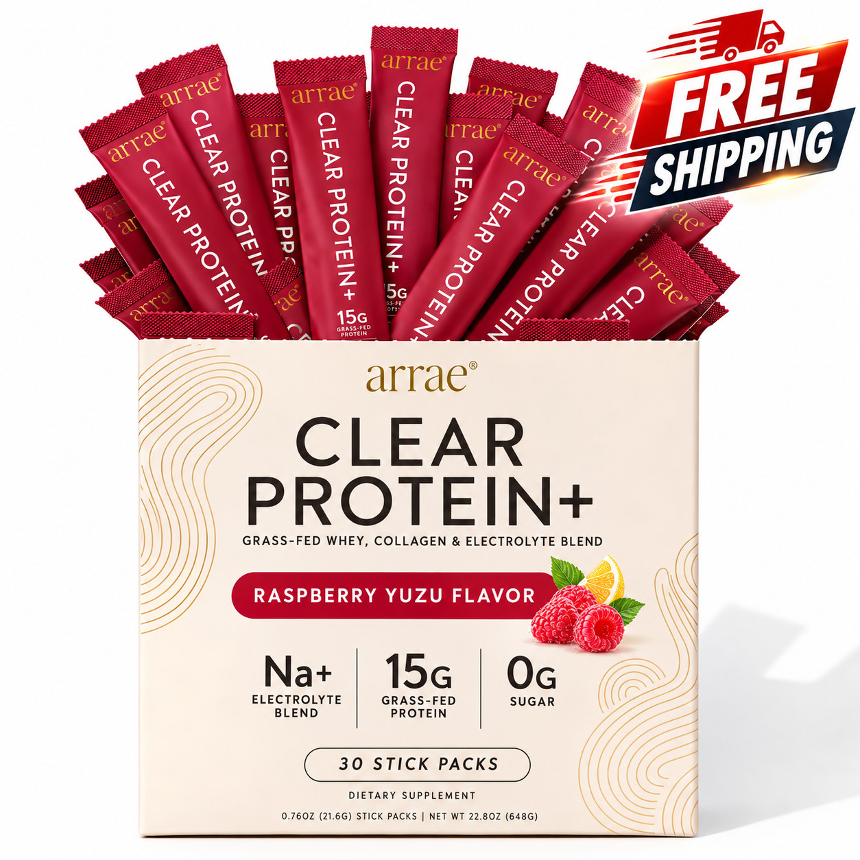 Arrae Clear Protein+ Raspberry Yuzu 30 Stick Packs Grass-Fed Whey Collagen NEW