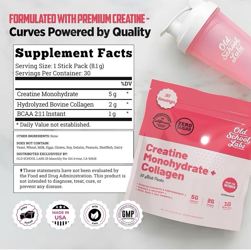 OLD SCHOOL LABS – CREATINE MONOHYDRATE + COLLAGEN STICK PACKS 30CT – FOR WOMEN