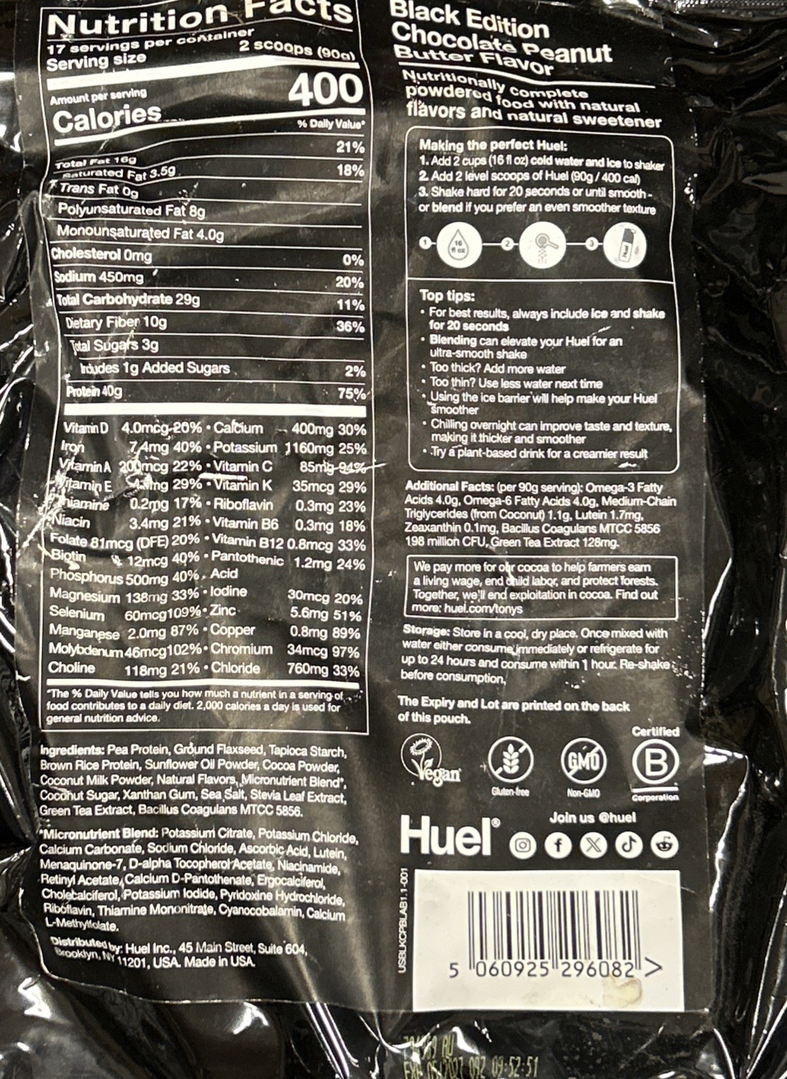 Huel Black Edition Chocolate Peanut Butter Protein Powder 3lbs 6oz Bag