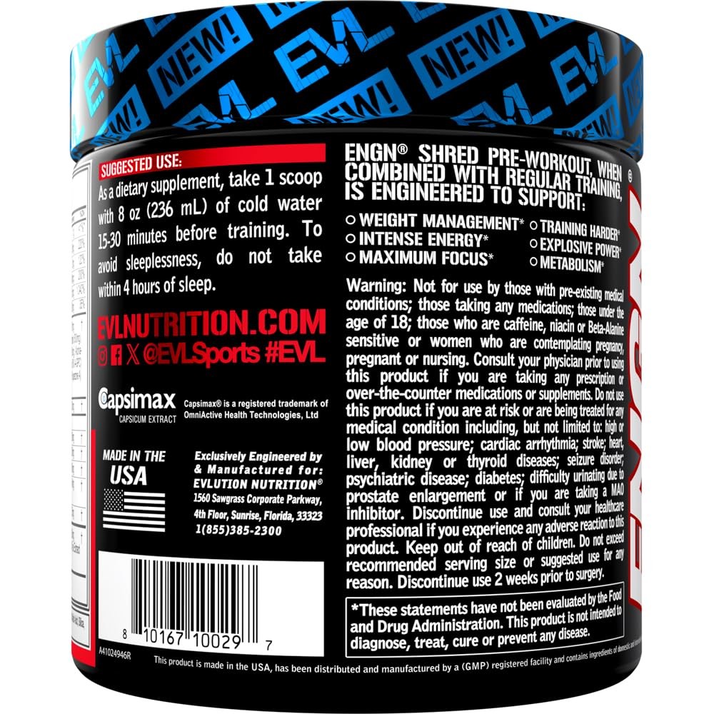 EVL ENGN Shred Pre Workout Supplement Fruit Punch 8.4 Ounce Energy Focus Boost