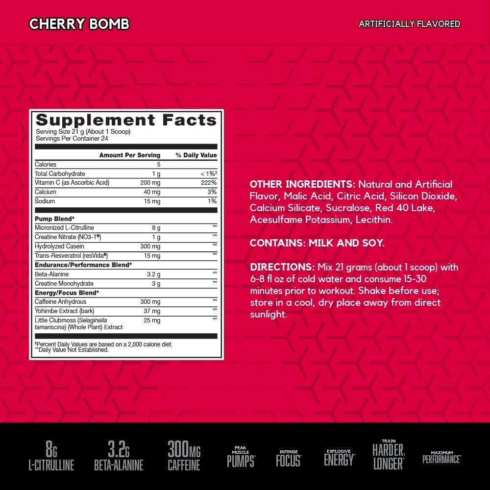 Pre Workout Powder Cherry Bomb – 24 Servings | 8g L-Citrulline & 3.2g Beta-Alani