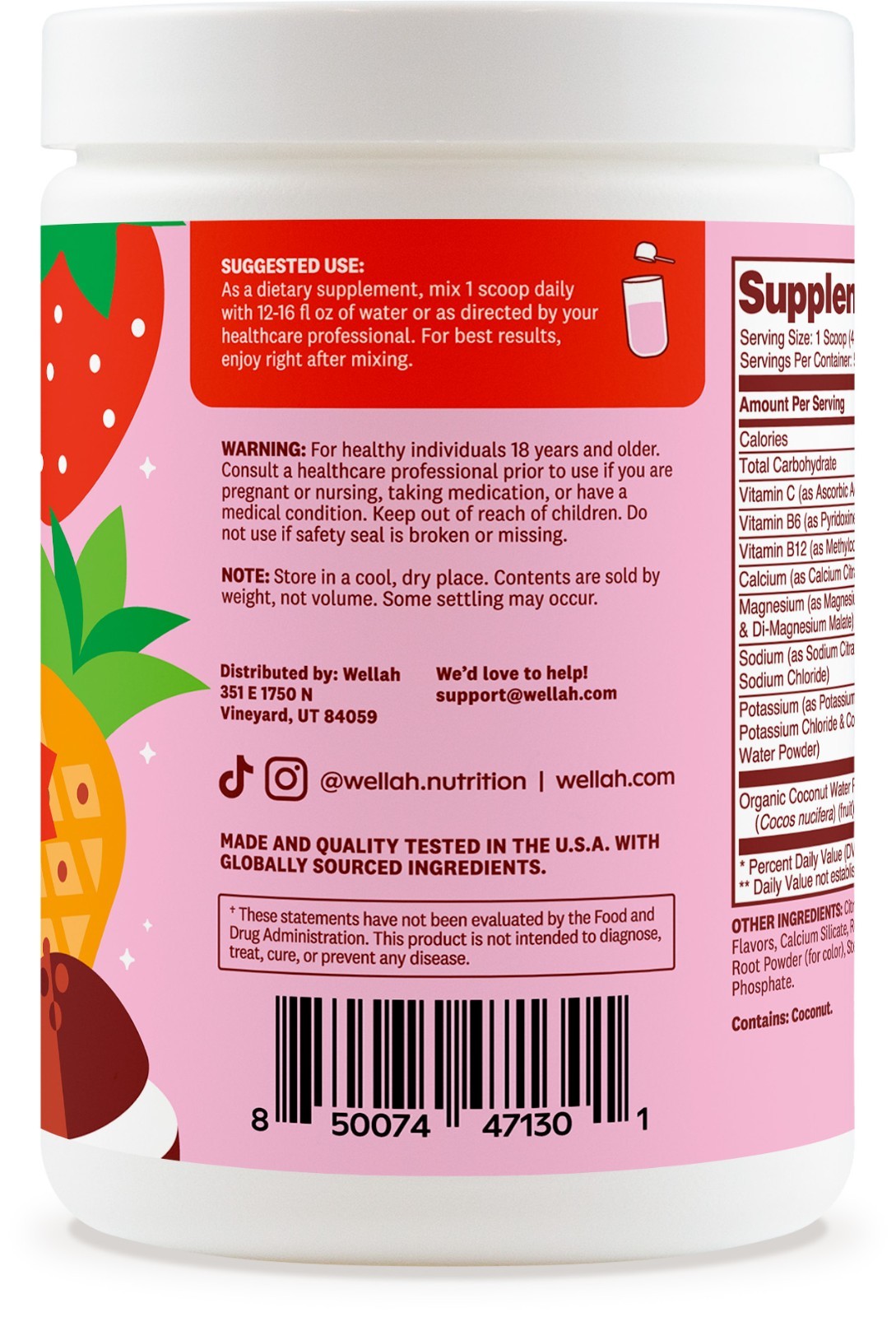 Wellah Electrolytes Powder (Strawberry Pina Colada) 50 Servings – Hydration Mix